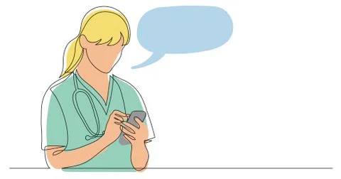 One line vector drawing of hospital nurse checking her mobile phone Stock Illustration