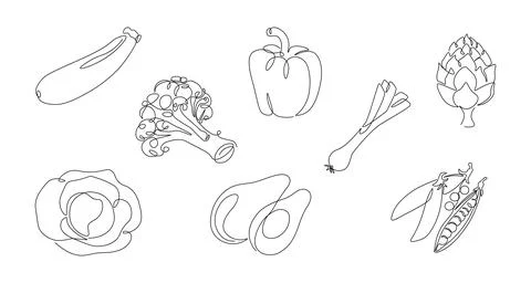 One line vegetables. Continuous monoline vegan meal and garden plants, health Stock Illustration