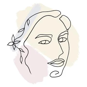 One line woman's face art. Abstract spots of pastel colors on the background. Stock Illustration