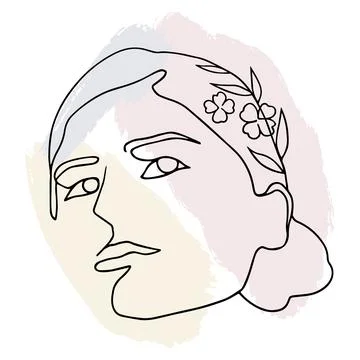 One line woman's face art. Abstract spots of pastel colors on the background. Stock Illustration