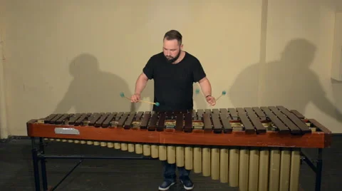 One Man With a Beard in Black T-Shirt, Playing on the Percussion Instrument Stock Footage 68178356