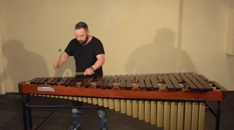 One Man With a Beard in Black T-Shirt, Playing on the Percussion Instrument Stock Footage 68178366