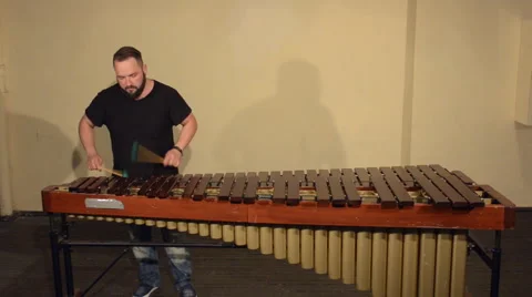One Man With a Beard in Black T-Shirt, Playing on the Percussion Instrument Stock Footage 68178529