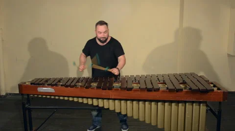 One Man With a Beard in Black T-Shirt, Playing on the Percussion Instrument Stock Footage 68178530