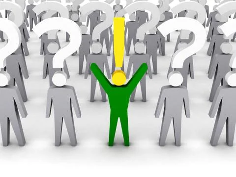 One man with exclamation mark and a lot of men with question marks. Concept 3 Stock Illustration