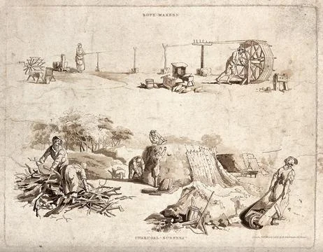 One man turns a large wheel as the other holds the rope at a distance over .. イラスト素材