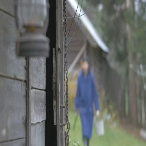 One man, walking along the road in the village at autumn day. Shallow focus Stock Footage 69703280