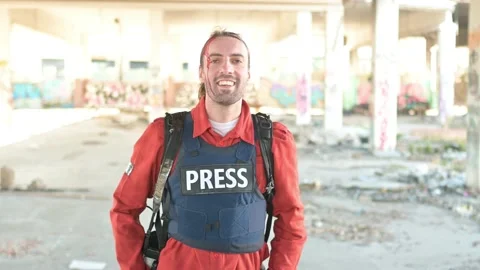 One man, war journalist with digital camera at the place of action, in war zo Video stock 166805584