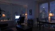 One Man Working Home In Modern High Rise Apartment Loft At Night Stock Footage