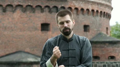 One master practicing kungfu technique exercise and showing skills for self-defe Stock Footage 199492588