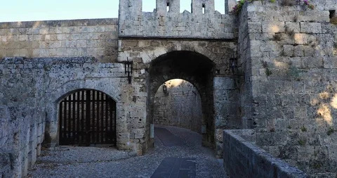 One of the medieval gates to enter the Old Town of Rhodes, Greece 스톡 동영상 126007172