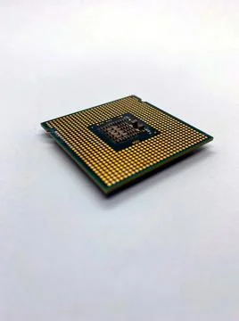 One microprocessor with pins up closeup view isolated on white background Stock Photos