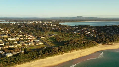 One mile beach in Forster town of Australian pacific coast – aerial fly as 4k. Stock Footage 200433463