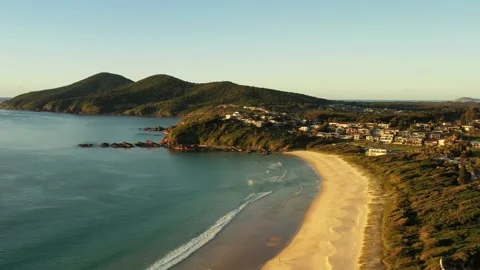 One mile beach in Forster town of Australian pacific coast – aerial fly as 4k. Stock Footage 201585128