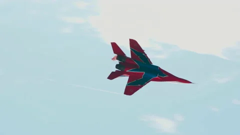 One military fast plane fly war. Fighter jet mig29 perform sky stunt air show. Stock Footage 228678773