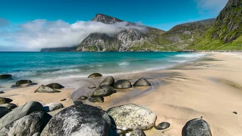 One of the most unique beaches is definitely the Kvalvika Beach Stock Footage 138546568