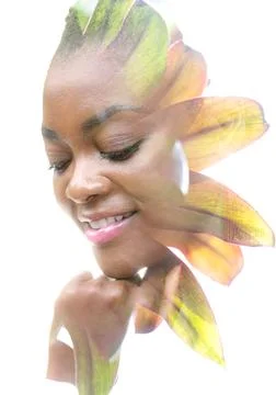 One with nature. Double exposure portrait of young woman Stock Photos