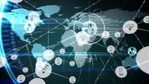 One node popping over central Africa forming HUD rings firing lines linking Video stock 330143579