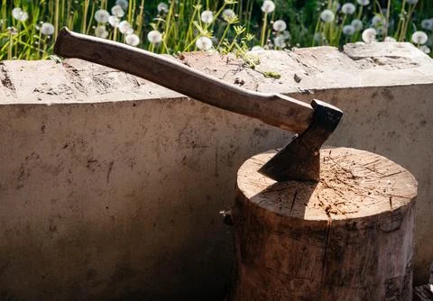 One old hatchet inserted in a stump in the area outdoors Stock Photos