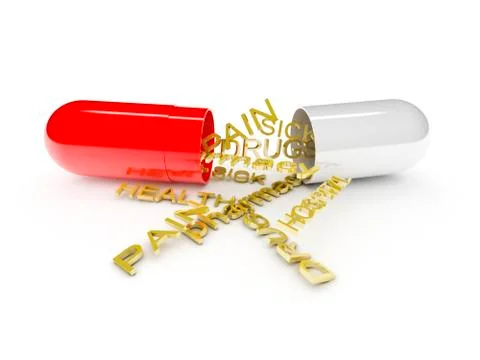 One open pill with different words about health (3d render) Stock Illustration