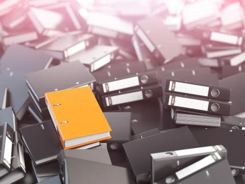 One orange office binder and pile of black others.  Archive. File searching c Иллюстрация