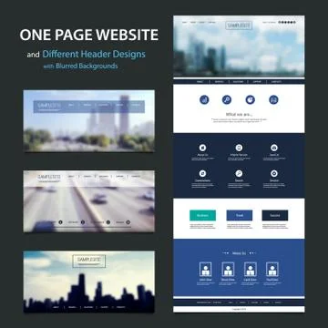 One Page Website Template and Different Header Designs with Blurred Backgrounds Stock Illustration