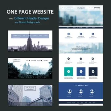 One Page Website Template and Different Header Designs with Blurred Backgrounds Stock Illustration