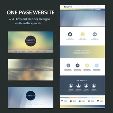One Page Website Template and Different Header Designs with Blurred Backgrounds Stock Illustration