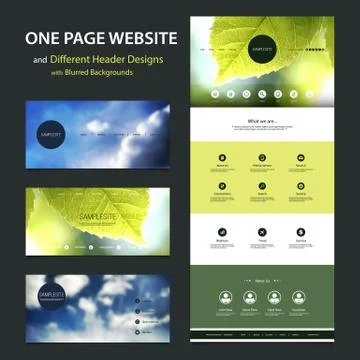 One Page Website Template and Different Header Designs with Blurred Backgrounds Stock Illustration