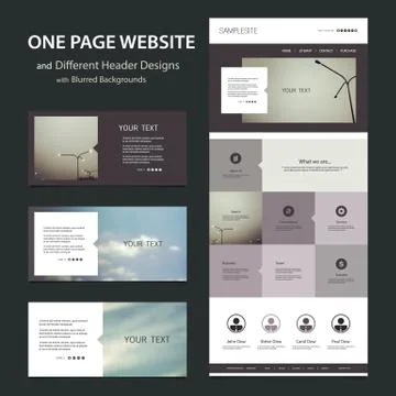 One Page Website Template and Different Header Designs with Blurred Backgrounds Stock Illustration