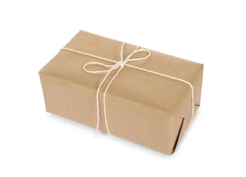 One parcel box wrapped in paper isolated on white 스톡 사진