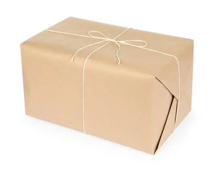 One parcel box wrapped in paper isolated on white Stock Photos