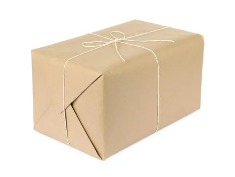 One parcel box wrapped in paper isolated on white Stock Photos
