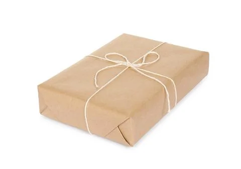 One parcel box wrapped in paper isolated on white 스톡 사진