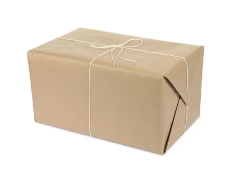 One parcel box wrapped in paper isolated on white Stock Photos