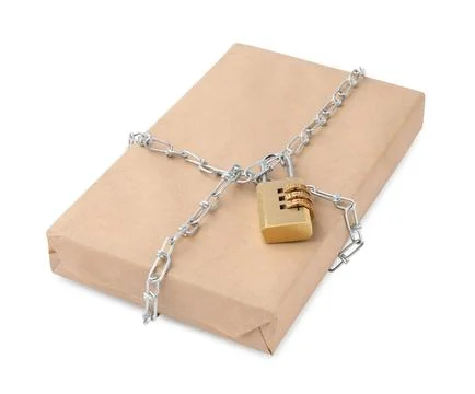 One parcel with chain and padlock isolated on white Foto stock
