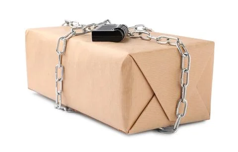 One parcel with chain and padlock isolated on white Foto stock