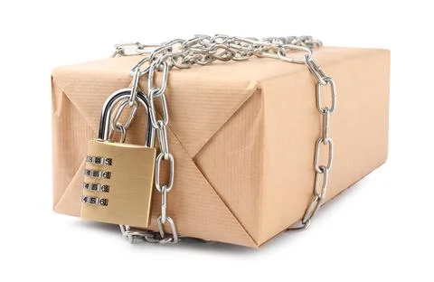 One parcel with chain and padlock isolated on white Foto stock