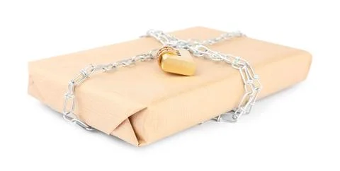 One parcel with chain and padlock isolated on white Foto stock