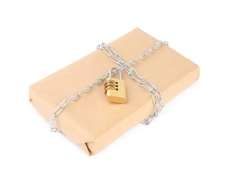 One parcel with chain and padlock isolated on white Foto stock