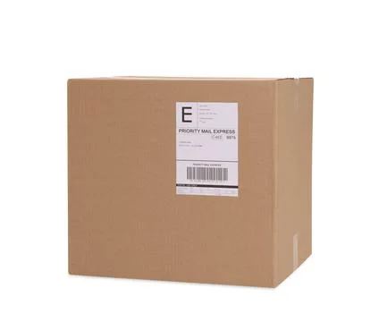 One parcel with shipment label isolated on white Stock Photos