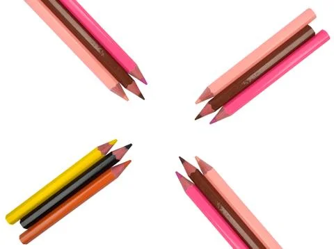 One pattern made with twelve different colored wood pencil crayons on white p Stock Photos