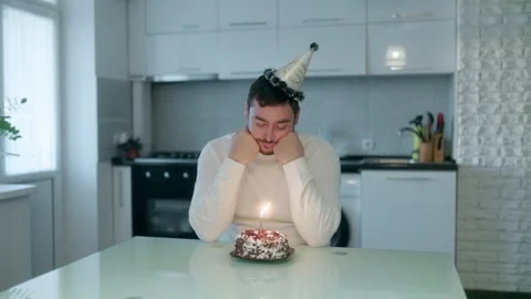 One Person Bored Man Looking At Birthday Cake Casual Video stock 333255392