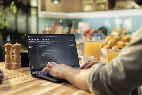 One person coding on laptop in a kitchen representing remote work in IT 写真素材
