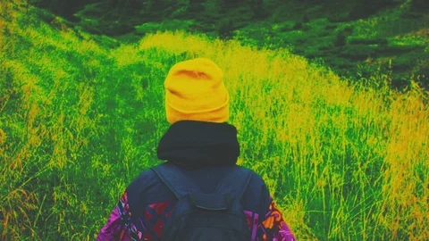 One person dynamic running along a mountain path. summertime trip adventure. Stock Footage 87891674