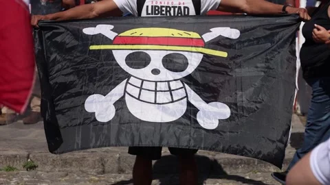One Piece Pirate Flag at Generation Z Protest in Puebla Mexico Stock Footage 341324967