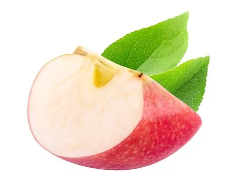 One piece of red apple with leaf isolated on white Stock Photos