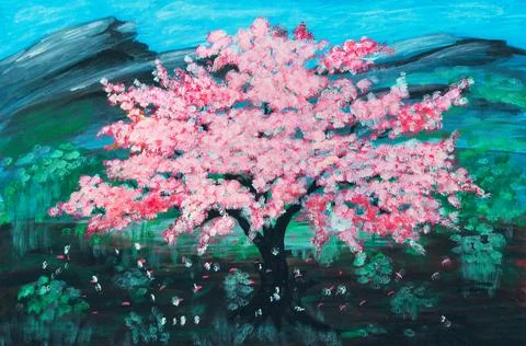 One pink sakura cherry tree in bloom on field Stock Illustration