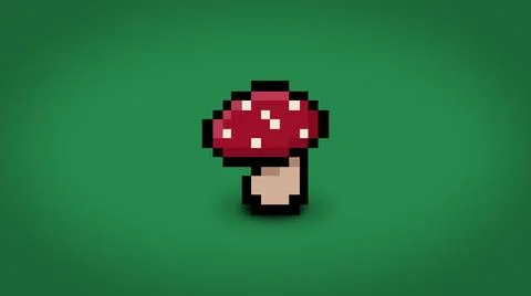 One pixel 8 bit red mushroom with white dots on a green background - high res Stock Illustration