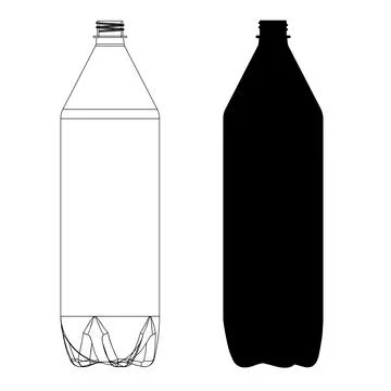 One plastic bottle and black silhouette of flask. Outline vector Illustration on Stock Illustration